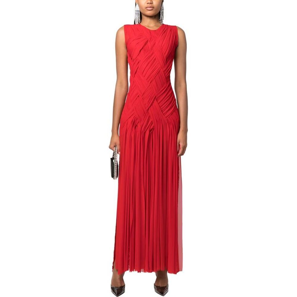 Sleeveless Red Pleated Midi Dress